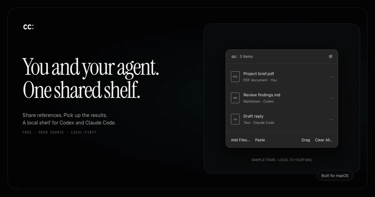 cc:の製品名と「You and your agent. One shared shelf.」の見出し、あなた・Codex・Claude Codeが置いた項目が並ぶ棚を紹介するOG画像
