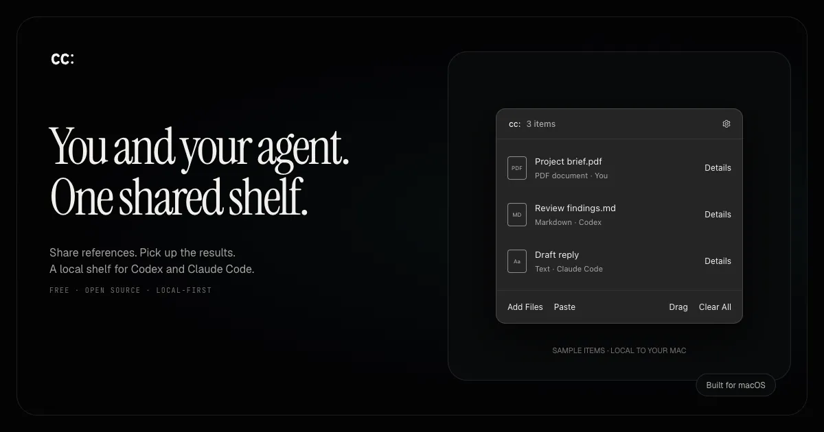 cc:の製品名と「You and your agent. One shared shelf.」の見出し、あなた・Codex・Claude Codeが置いた項目が並ぶ棚を紹介するOG画像