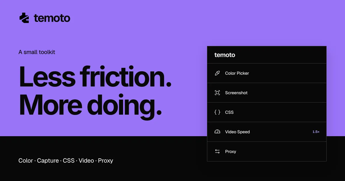 temotoのマークと、Color Picker・Screenshot・CSS・Video Speed・Proxyの5つが並ぶポップアップを紹介するOG画像
